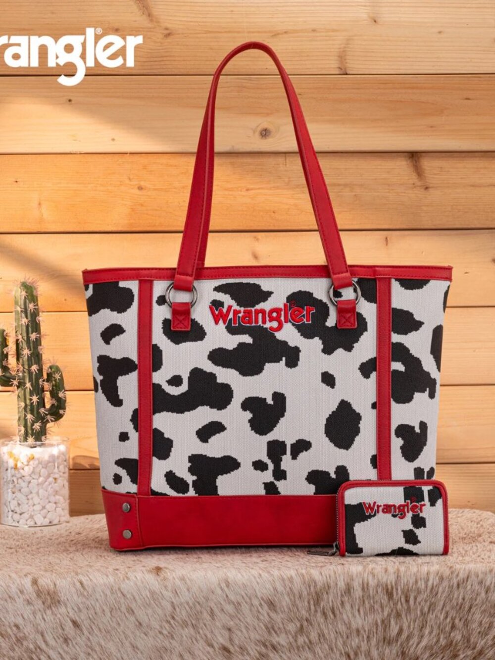 Wrangler Cow Print Tote and Wallet Set Red